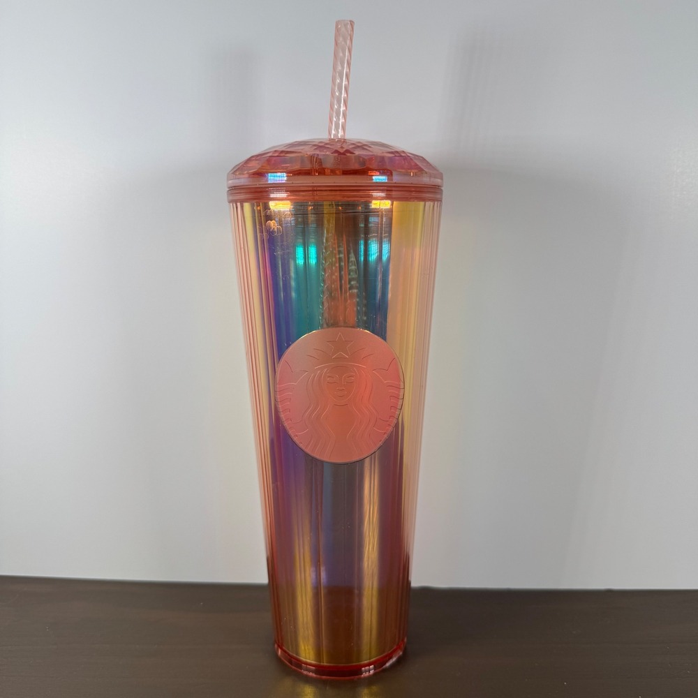 Starbucks Iridescent Sunset Orange Pleated Venti Tumbler 24oz Cold Cup Plastic